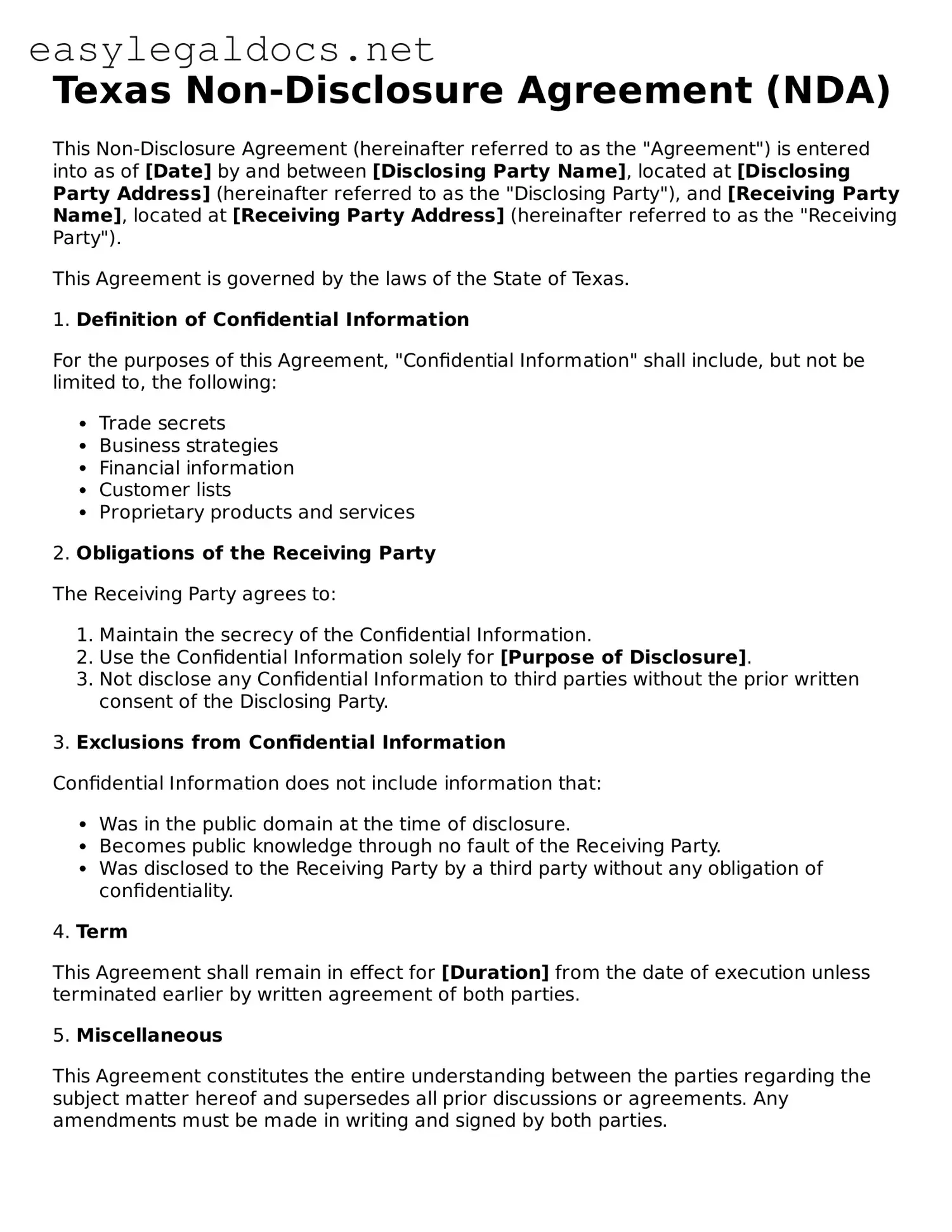 Blank  Non-disclosure Agreement Form for Texas