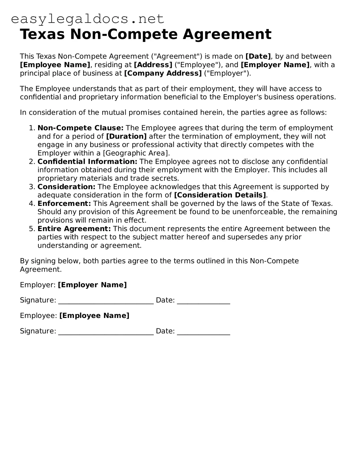 Blank  Non-compete Agreement Form for Texas