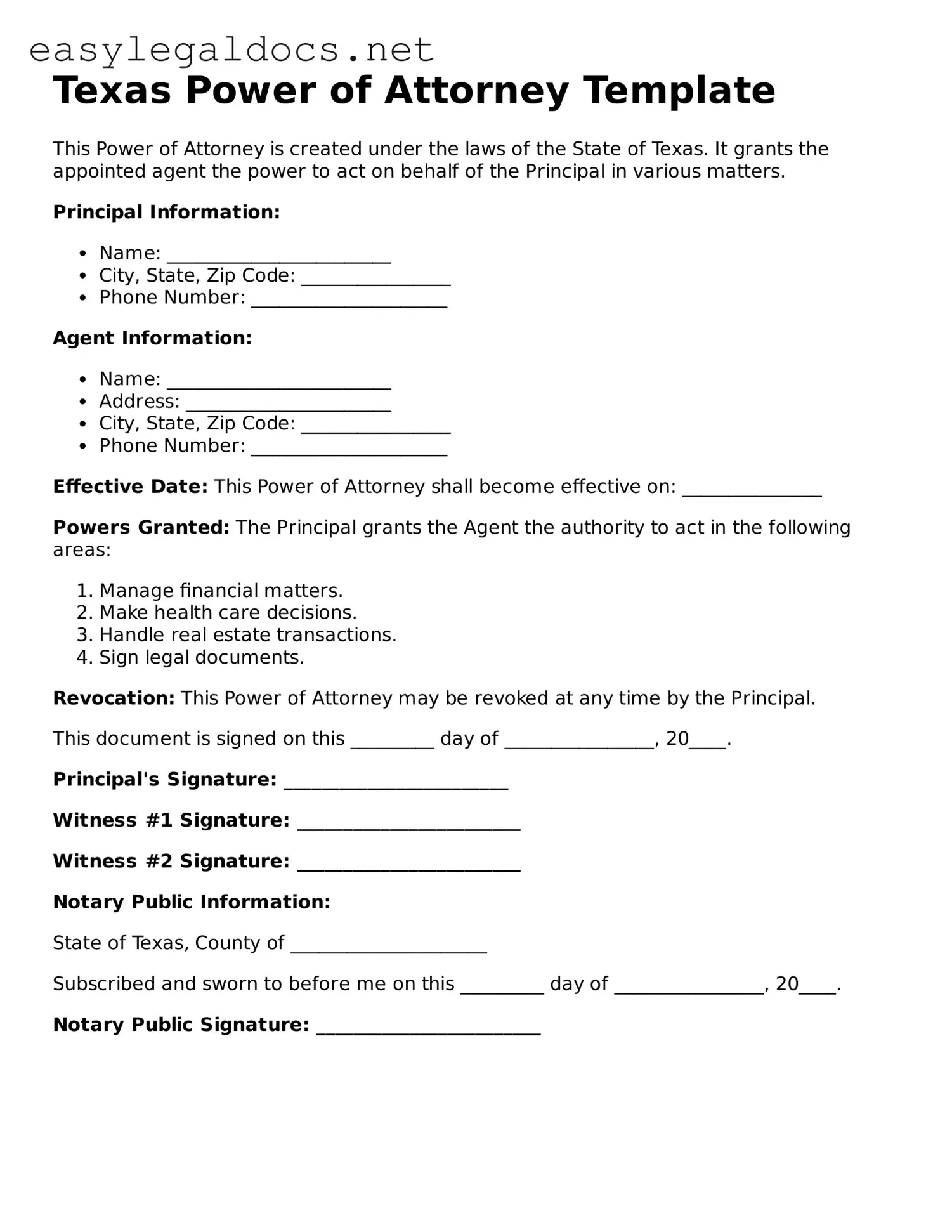 Blank  Power of Attorney Form for Texas