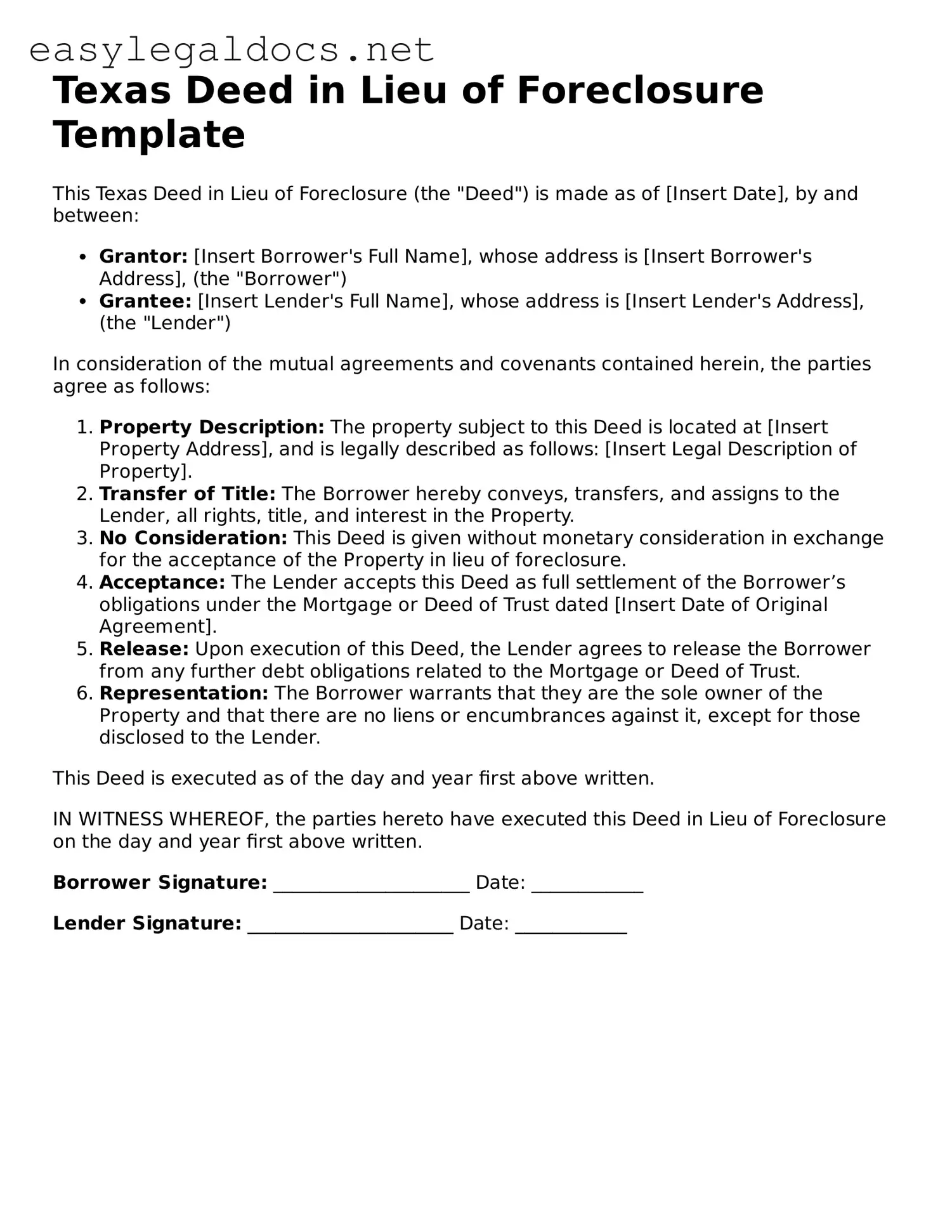 Blank  Deed in Lieu of Foreclosure Form for Texas