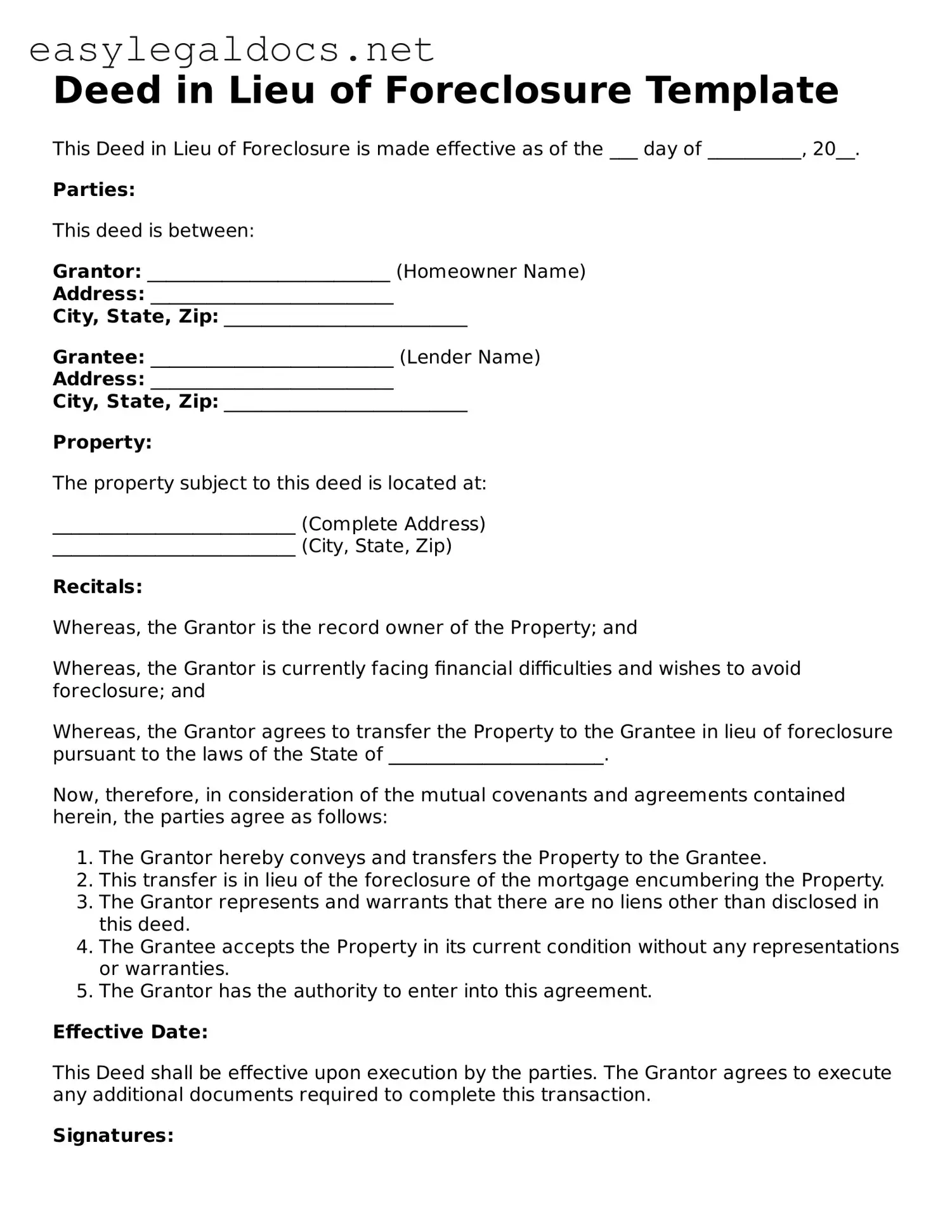 Printable Deed in Lieu of Foreclosure Form