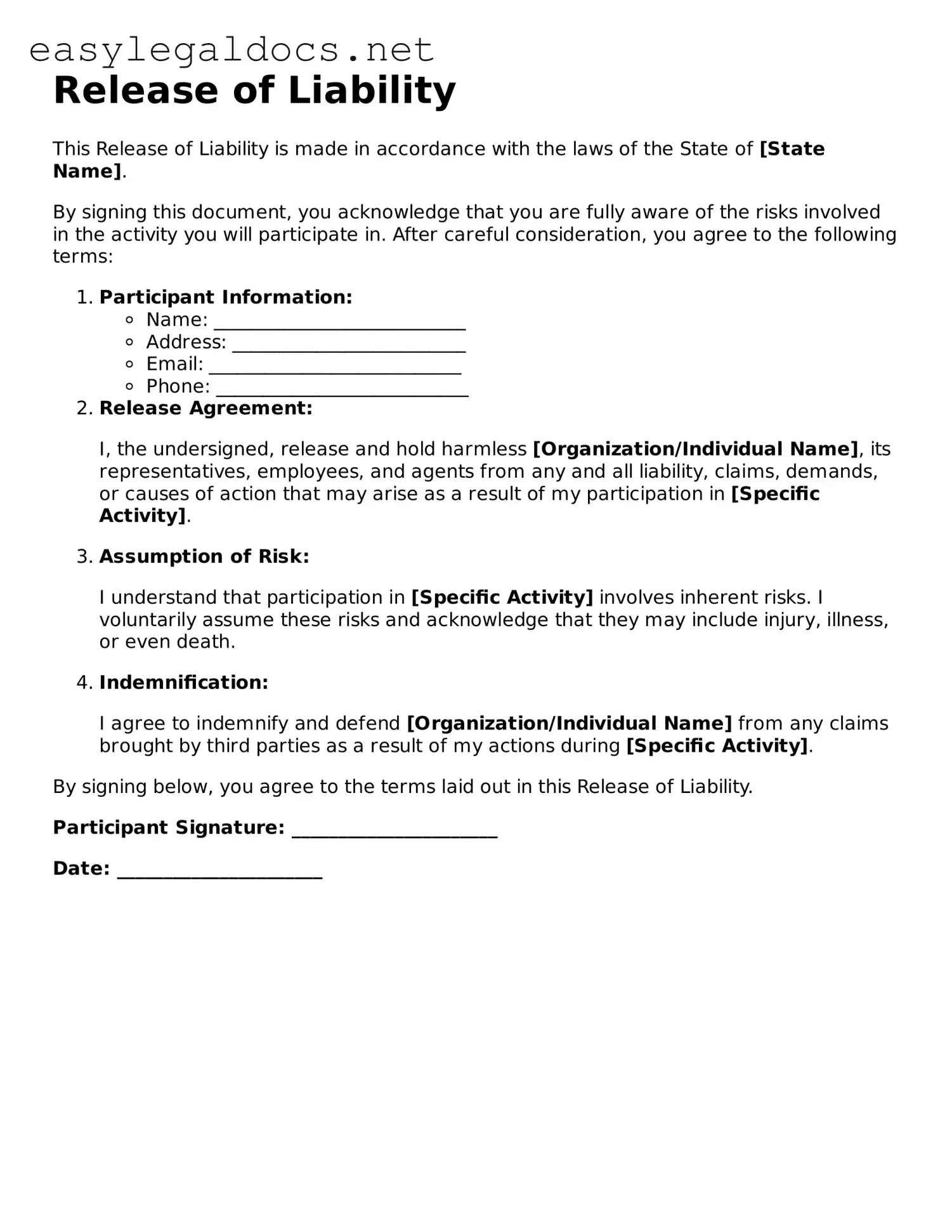 Printable Release of Liability Form