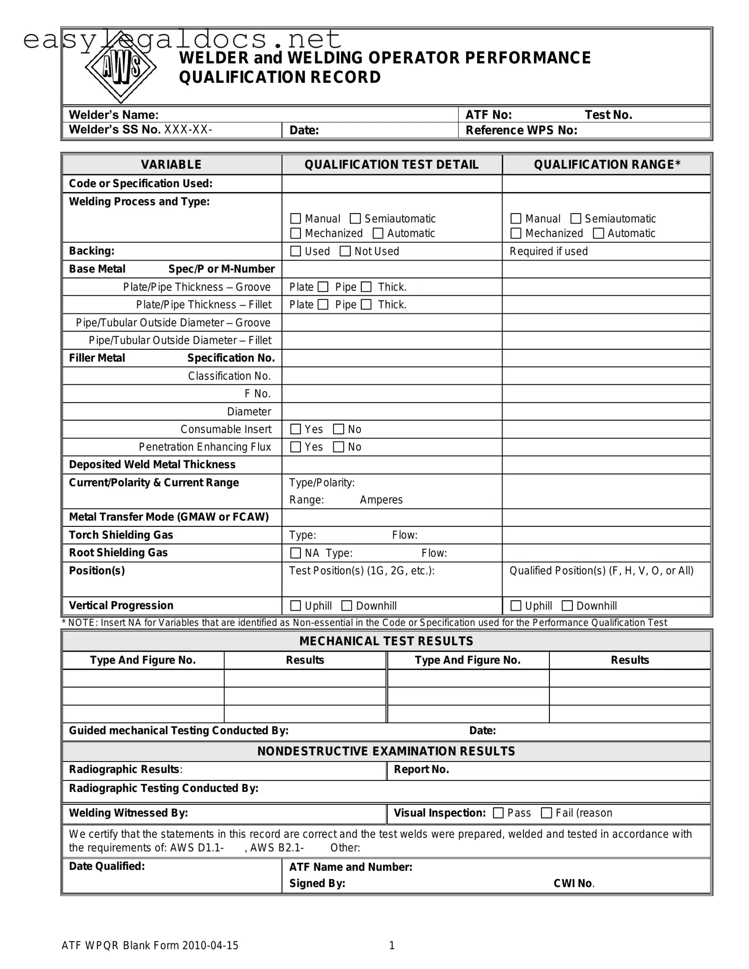 Download Welder Performance Qualification Record Form